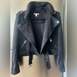 Black Cropped Moto Jacket | Faux Suede Biker | Size L